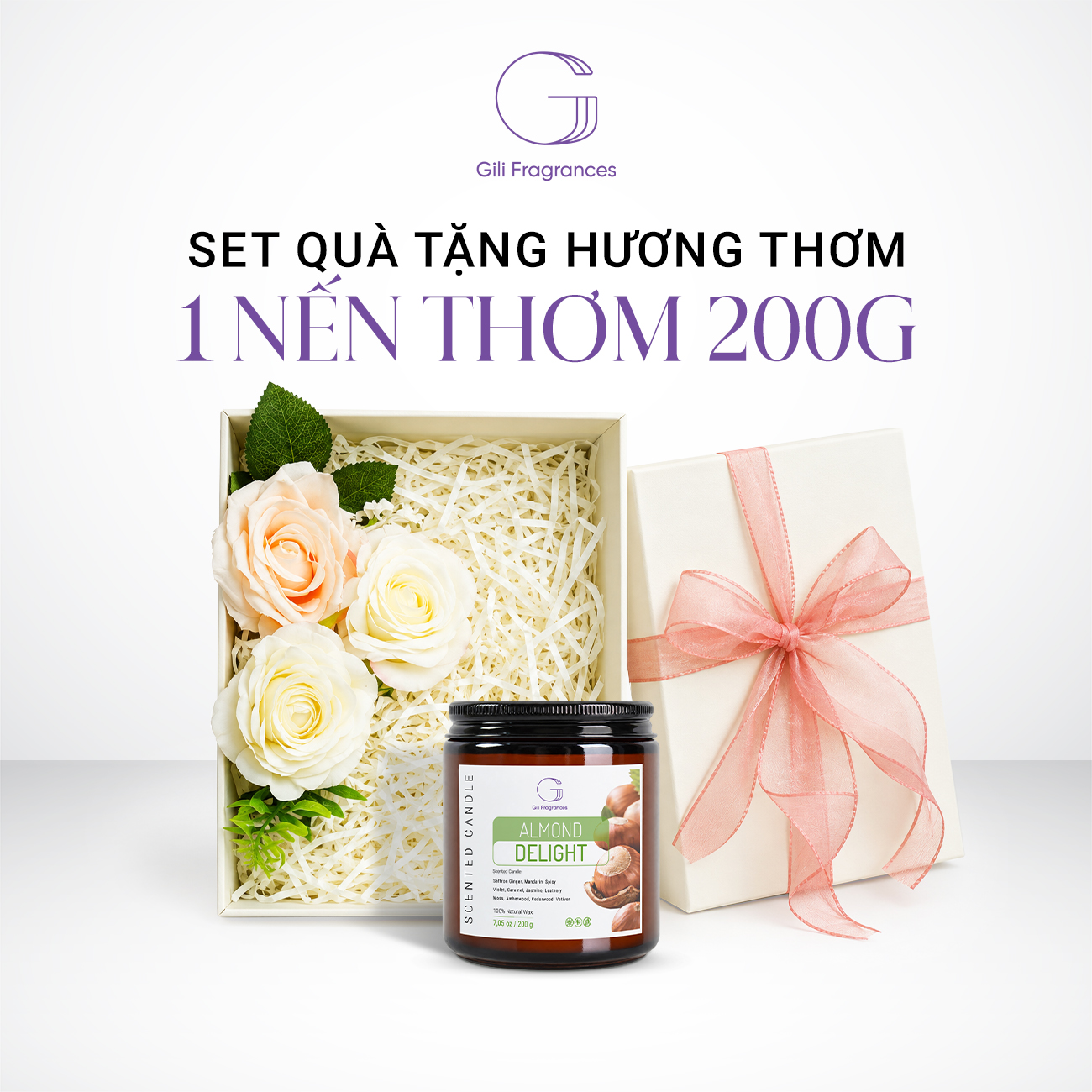 SET QUÀ TẶNG 1 NẾN THƠM 200G | Hộp chữ nhật decor hoa & ruy băng
