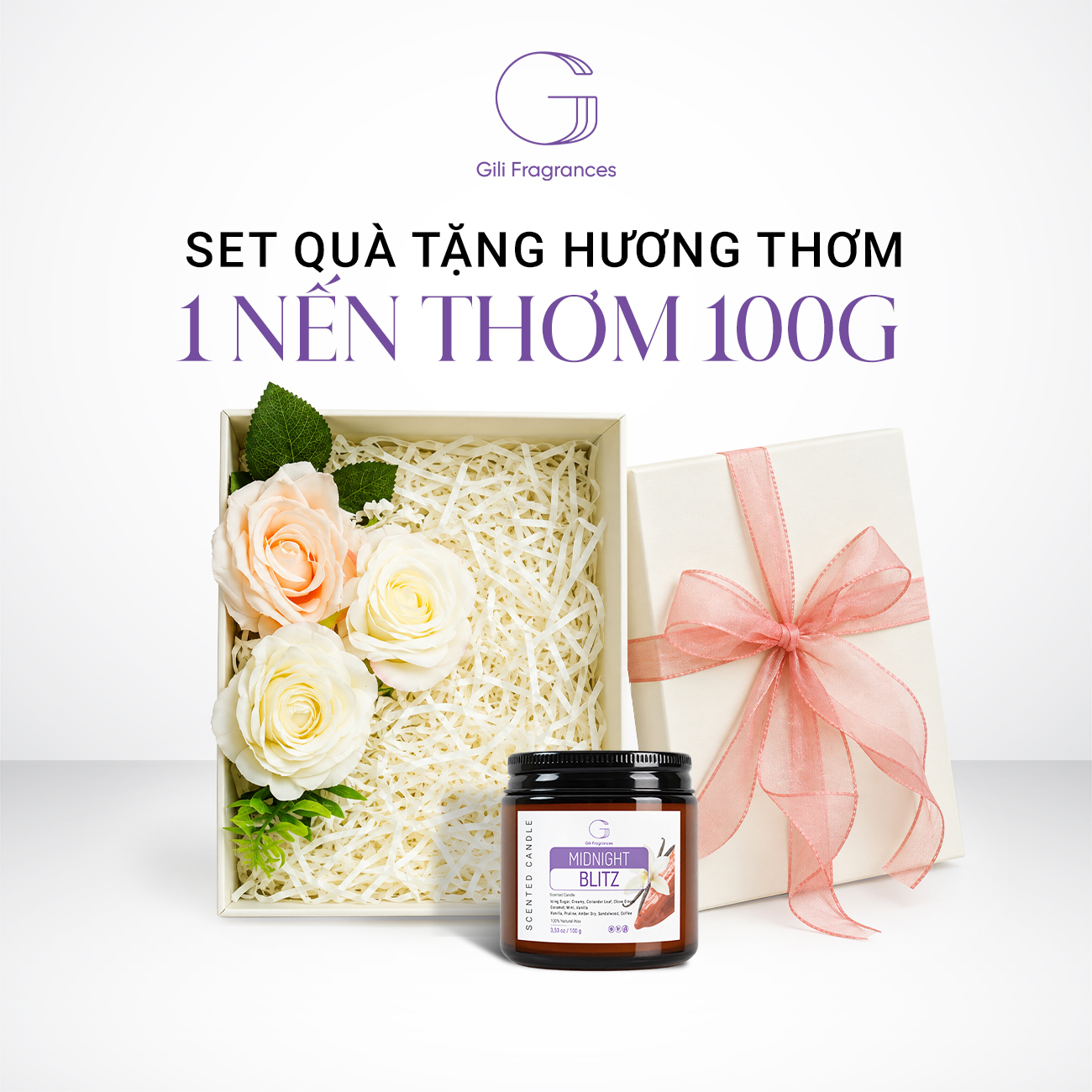 SET QUÀ TẶNG 1 NẾN THƠM 100G | Hộp chữ nhật decor hoa & ruy băng