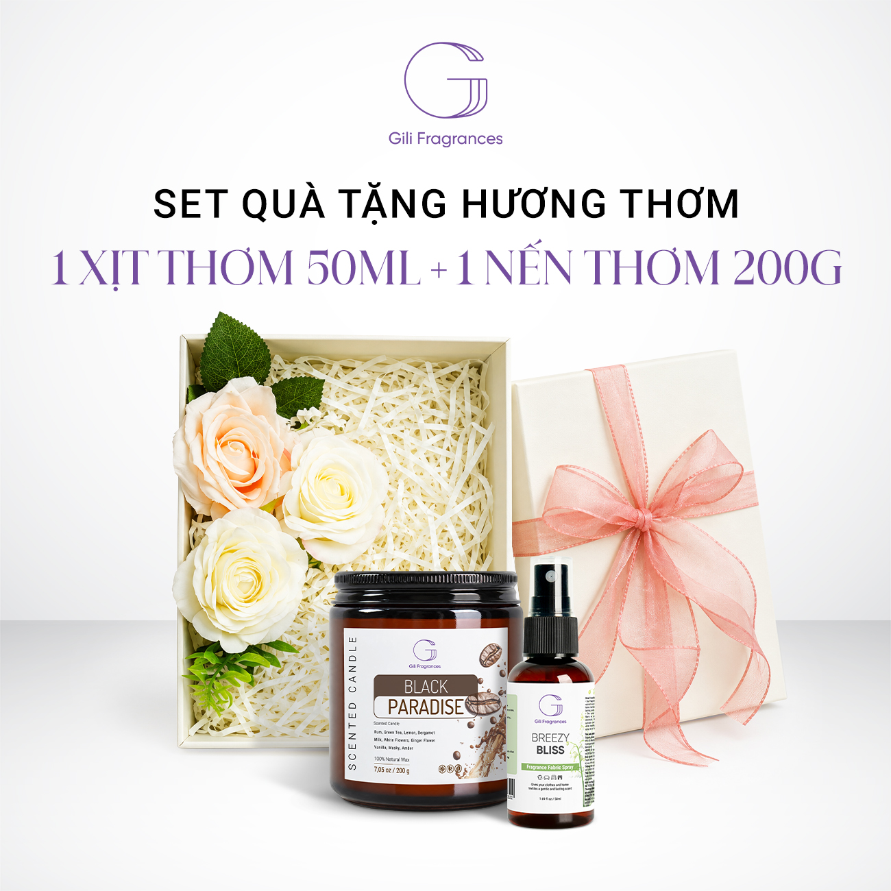SET QUÀ TẶNG 1 NẾN THƠM 200G & 1 XỊT THƠM 50ML | Hộp chữ nhật decor hoa & ruy băng