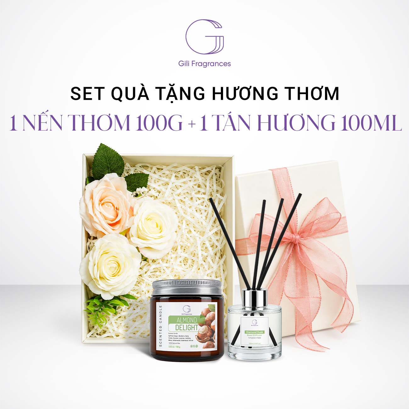 SET QUÀ TẶNG 1 LỌ TÁN HƯƠNG 100ML & 1 NẾN THƠM 100G | Hộp vuông decor hoa & ruy băng