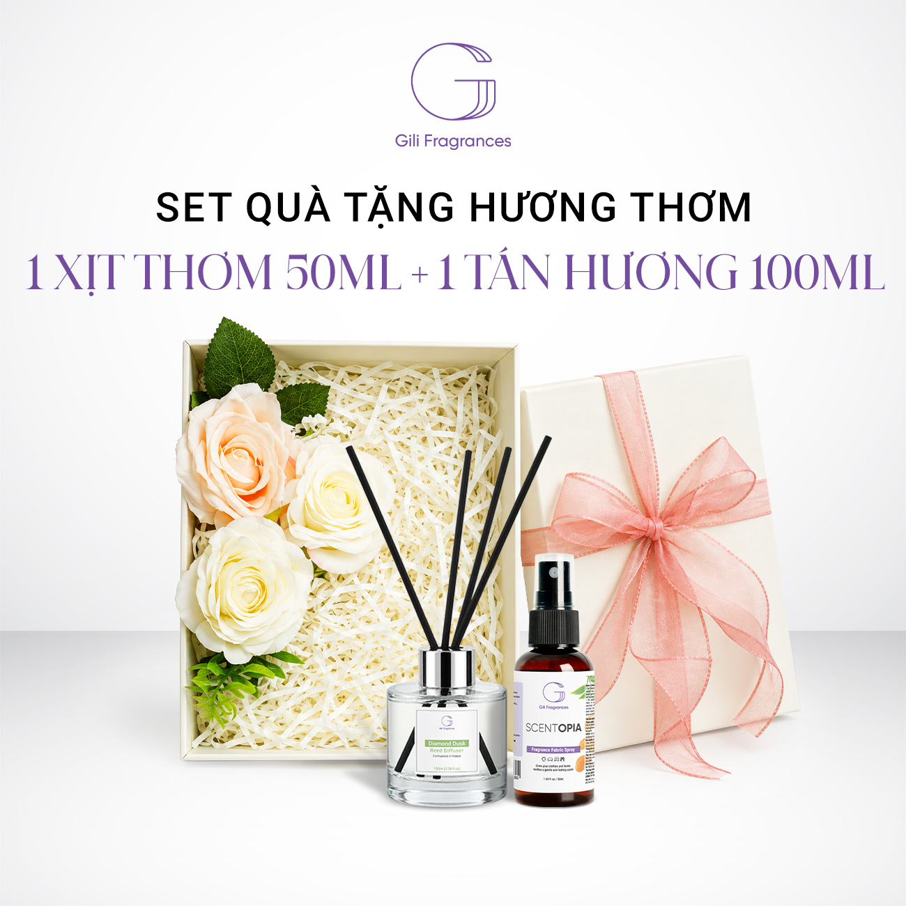 SET QUÀ TẶNG 1 LỌ TÁN HƯƠNG 100ML & 1 XỊT THƠM 50ML | Hộp chữ nhật decor hoa & ruy băng