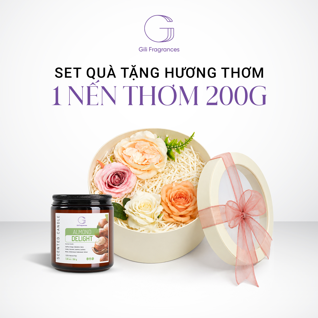 SET QUÀ TẶNG 1 NẾN THƠM 200G | Hộp tròn decor hoa & ruy băng
