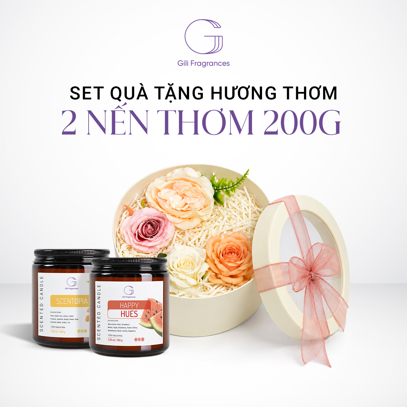 SET QUÀ TẶNG 2 NẾN THƠM 200G | Hộp tròn decor hoa & ruy băng