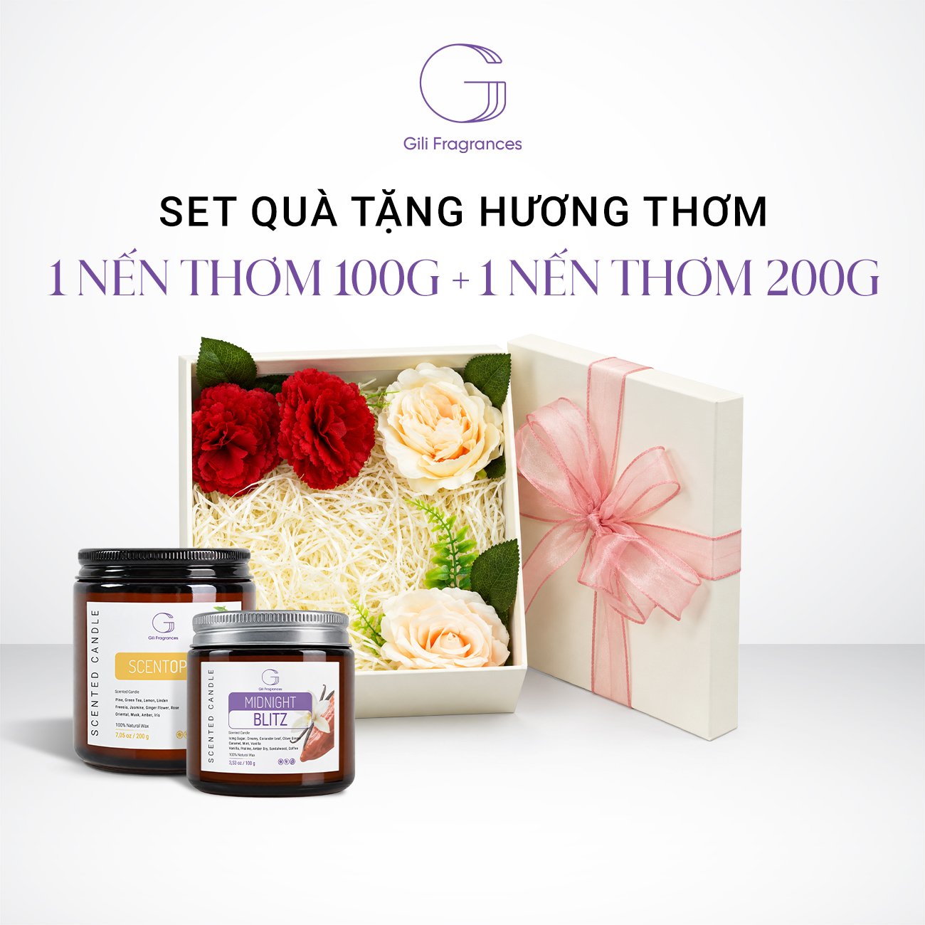 SET QUÀ TẶNG 1 NẾN THƠM 200G & 1 NẾN THƠM 100G  | Hộp vuông decor hoa & ruy băng