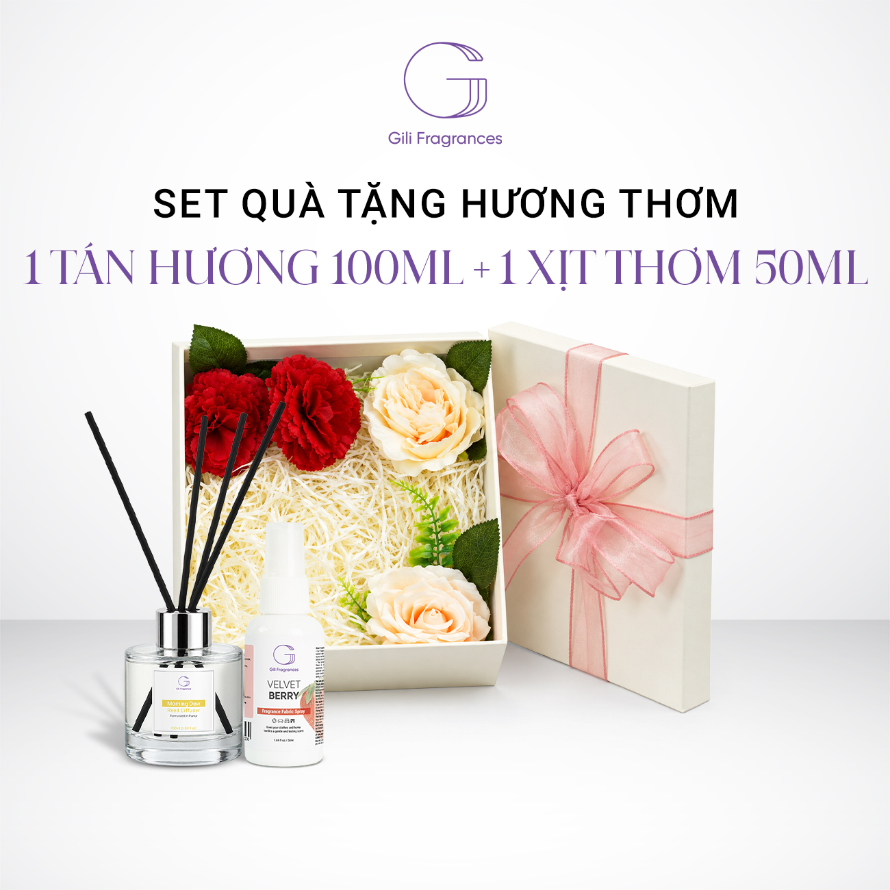 SET QUÀ TẶNG 1 LỌ TÁN HƯƠNG 100ML & 1 XỊT THƠM 50ML | Hộp vuông decor hoa & ruy băng